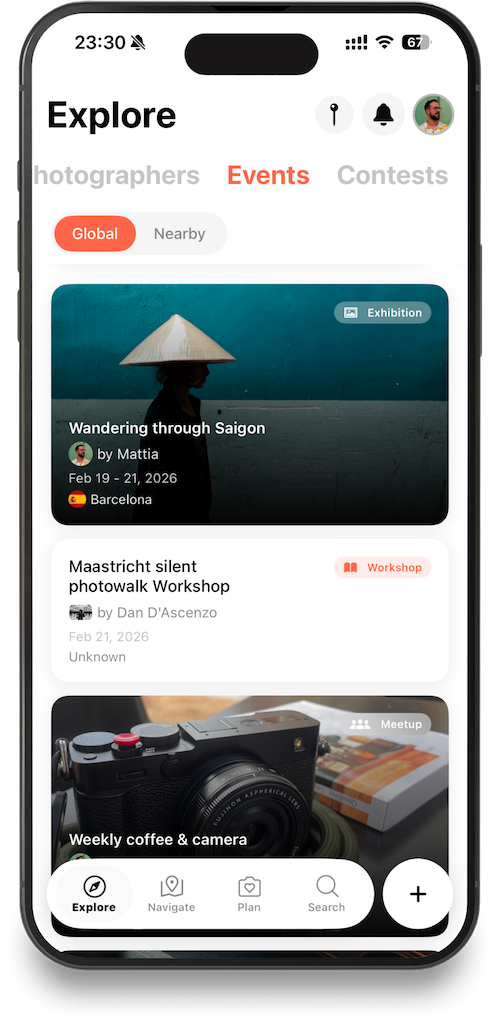 Streetwise events listing showing photography workshops and meetups in Madrid and Maastricht