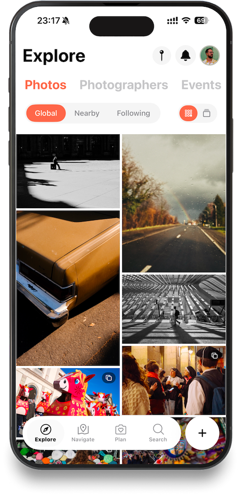 Streetwise photo feed showing street photography in a clean grid layout
