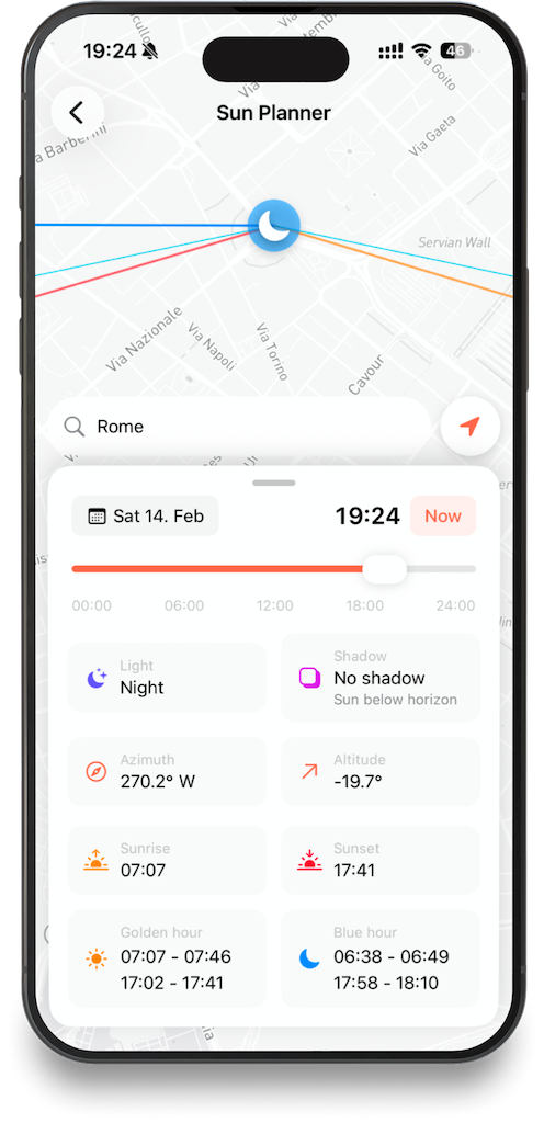 Streetwise sun planner showing golden hour times and sun position for Rome
