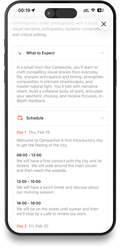 Workshop detail page showing What to Expect section, multi-day schedule, and Visit Workshop Website button