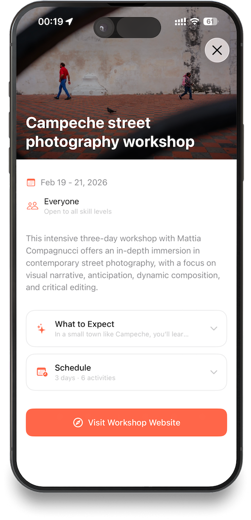 Workshop detail page with cover image, title, organizer badge, dates, and description