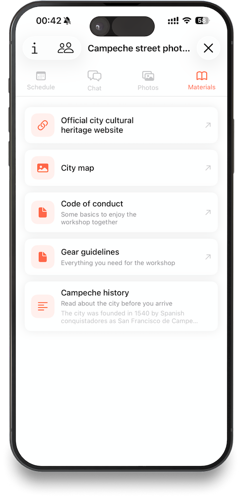 Workshop materials tab showing shared links and documents